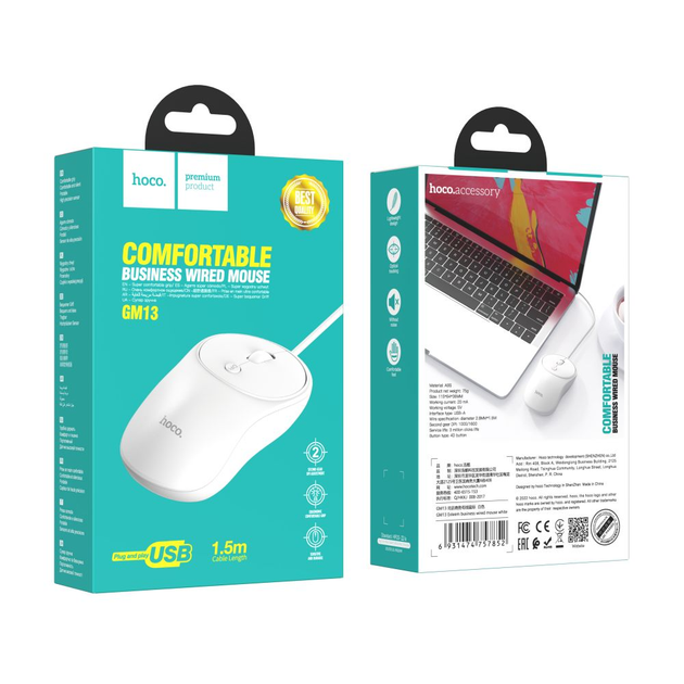 Mouse USB de fibra óptica con cable HOCO cable USB 1,5 m blanco