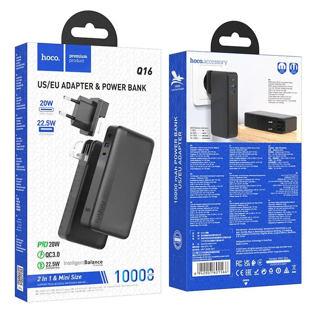 Power Bank HOCO 2 en 1 Carga de 22.5W 10000mAh Batería Portátil Negro