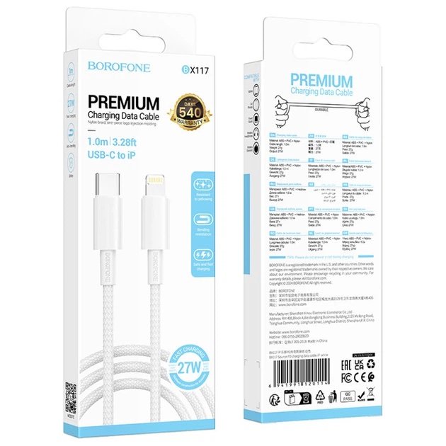 Cable USB-C a Lightning BOROFONE BX117 Blanco Carga Rápida PD 27W 1 Metro - Imagen 3