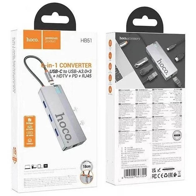 Hub USB-C HOCO HB51 Wow 6 en 1 con HDMI 4K, RJ45, USB 3.0 y Power Delivery 100W - Imagen 5