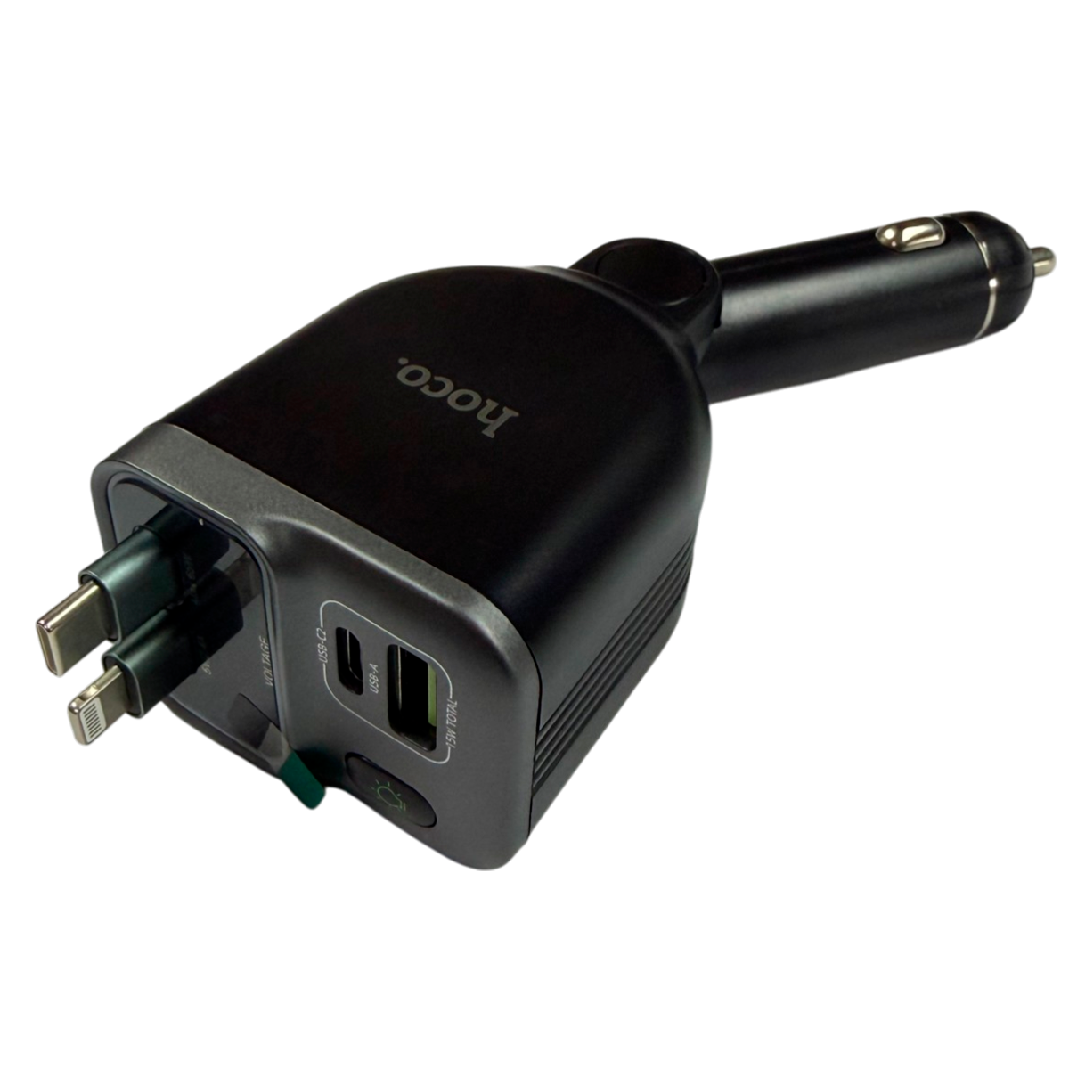 HOCO ACE1 Tomahawk 80W – Cargador para Auto 4 en 1 con USB-C, USB-A, cables integrados y luz LED RGB