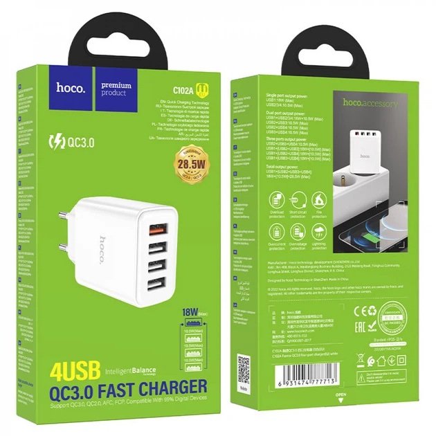 HOCO C102A Fuerza – Cargador de Pared QC 3.0 de 4 Puertos USB 28.5W - Imagen 2