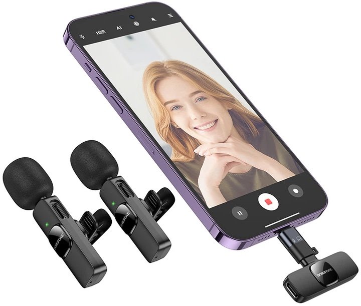 BOROFONE BFK15 Dual Mic – Micrófono Inalámbrico de Solapa USB-C + Lightning