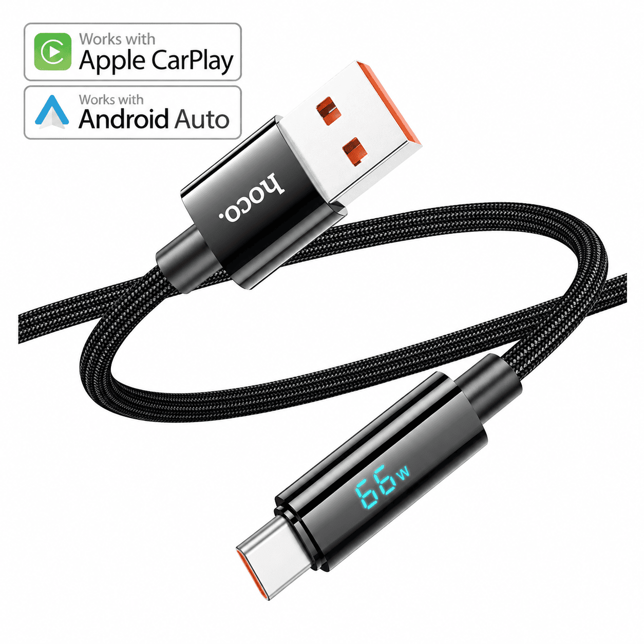 HOCO U125 – Cable USB-A a USB-C 66W con Pantalla Digital, Android Auto y Apple CarPlay