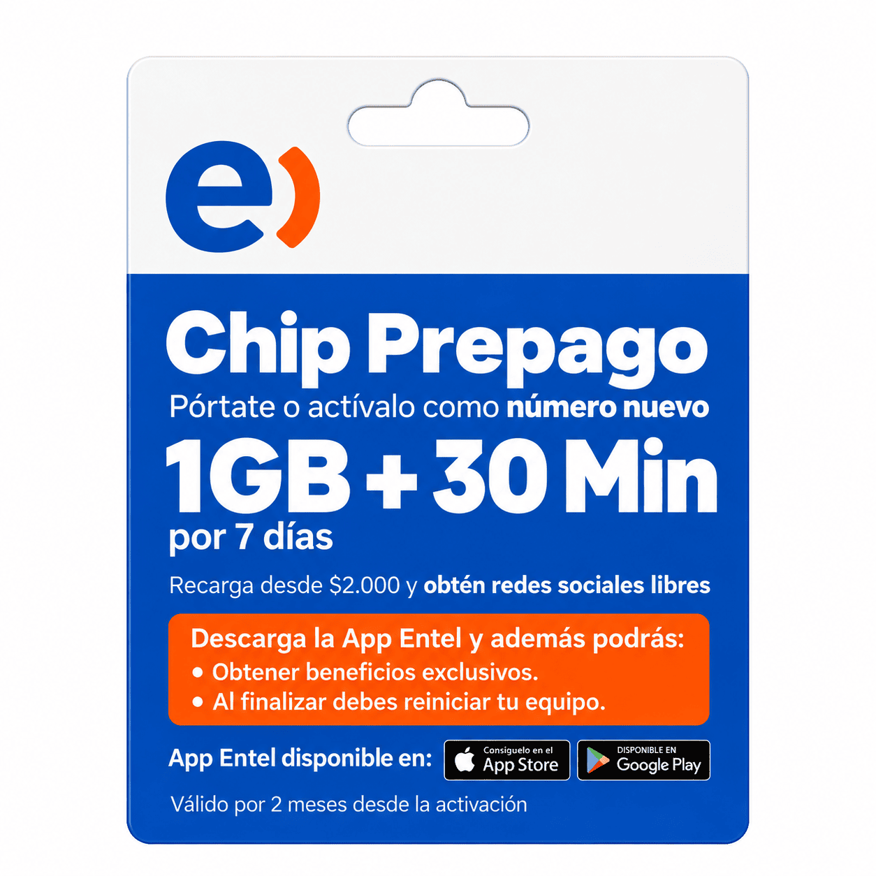 Chip Prepago Entel Chile – 1 GB + 30 Minutos